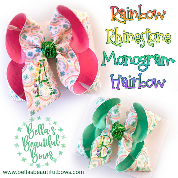 St. Patricks Day Rainbow Rhinestone Monogram Hairbow ***Ships by March 6th, 2023***